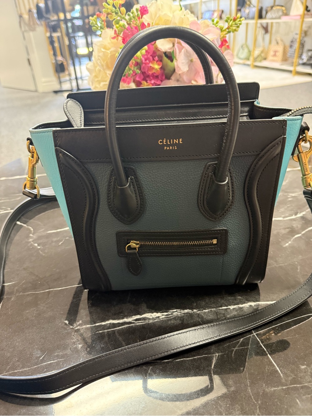 Céline Mini Luggage Tote in Teal and Black